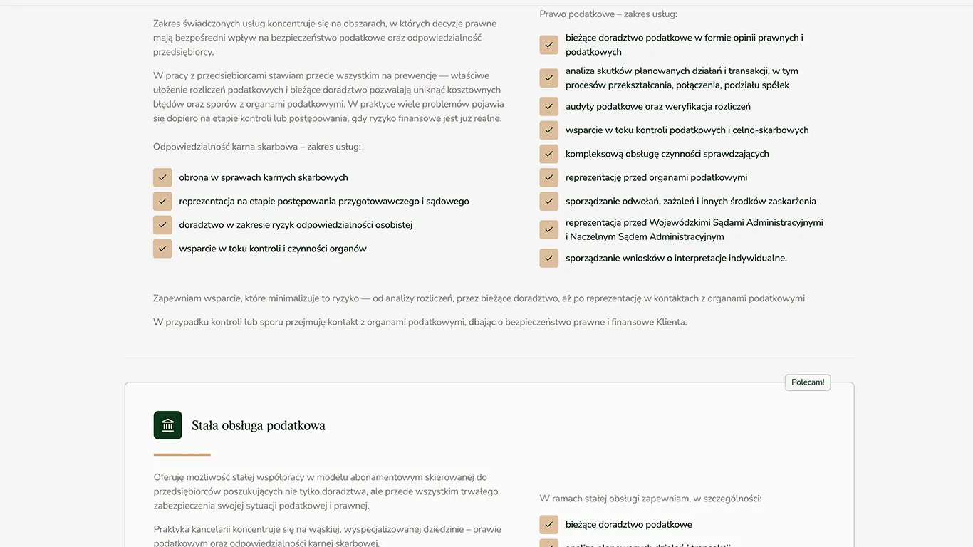 Sekcja usług prawnych na stronie
